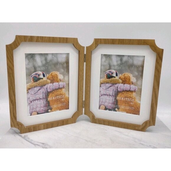 Double Photo Frame Wood Hinged Vintage Drexel Heritage Natural Wood Grain - Picture 1 of 11
